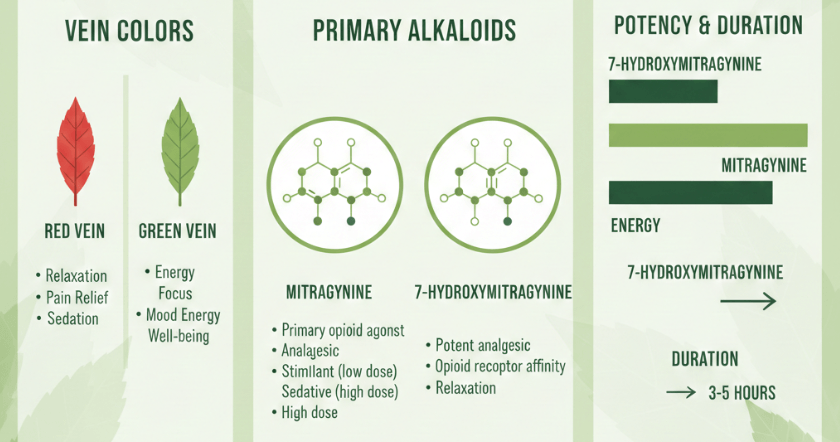 Infographic Kratom Alkaloids – Effects, Potencies & Vein Colors