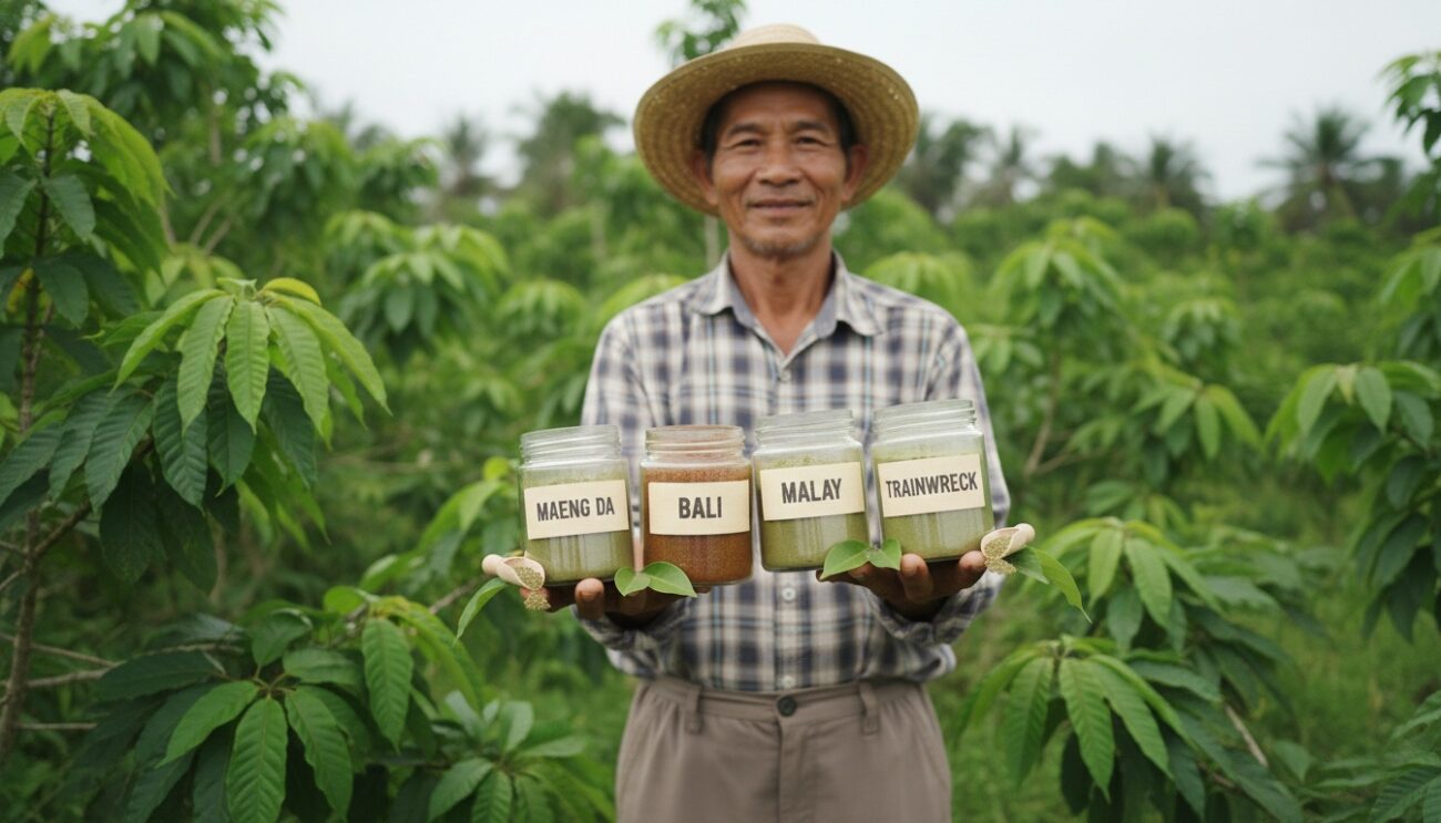 farmer holding kratom strains in hand
