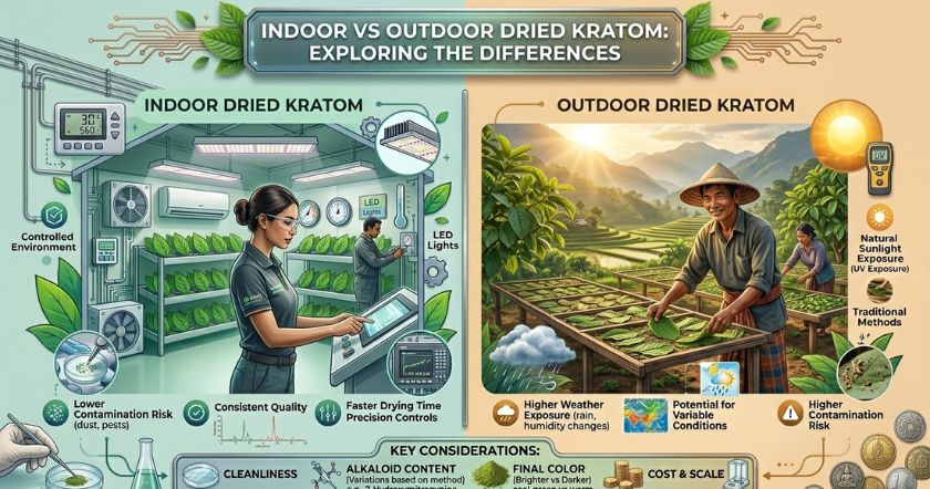 indoor kratom vs outdoor dried kratom- read complete blog on our website bedrockbotanicals.com