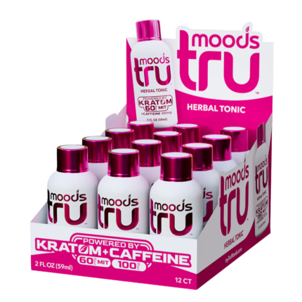 Tru Moods Pink Kratom and Caffeine Shot 2oz 12-pack display box